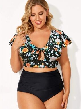 Torrid Wireless Flutter Sleeve Bikini Top Black Floral Plus Size 2X 18/20 Retro